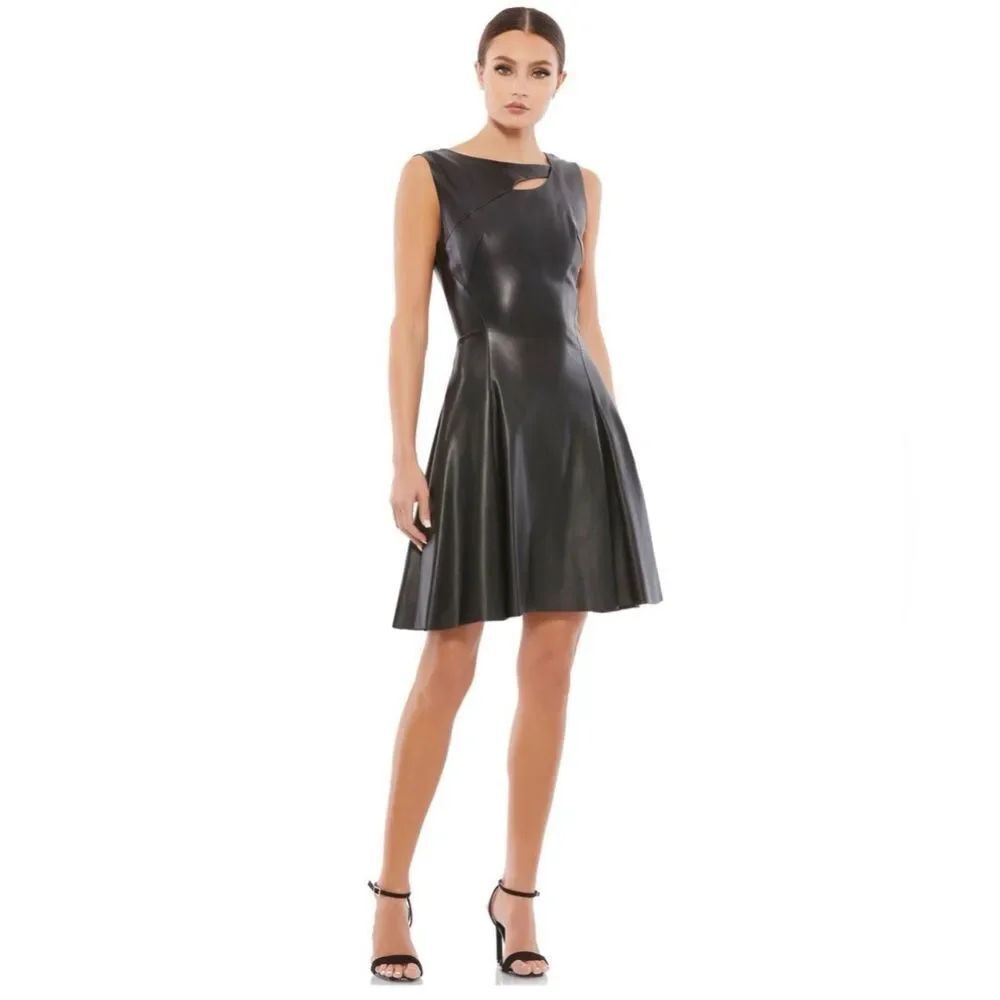 Mac Duggal Ieena Faux Leather A-Line Dress Black Cutout Neck XL 12 $398 Retail